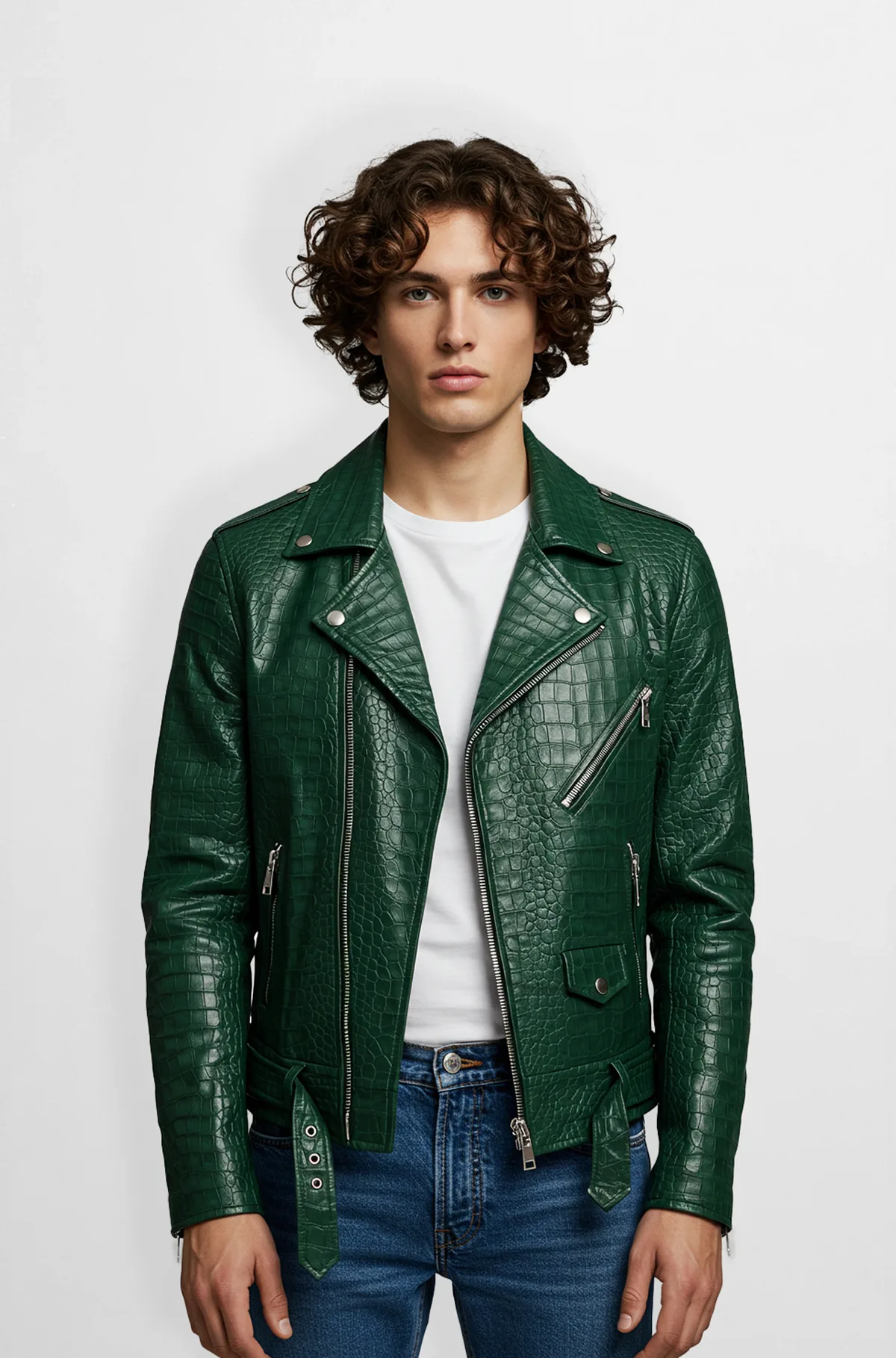 Green crocodile leather biker jacket for mens