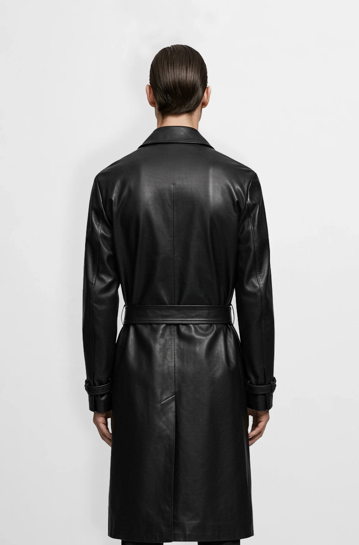 Men's black leather trench coat